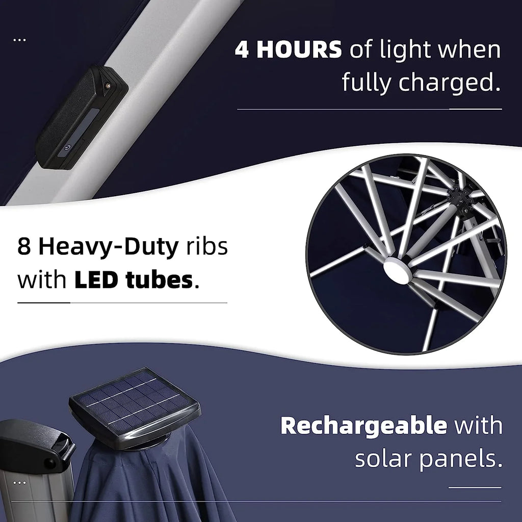 12ft Solar LED Patio Umbrella Outdoor Round Umbrella Large Cantilever Umbrella with LED Lights Windproof Bias Umbrella Heavy 
