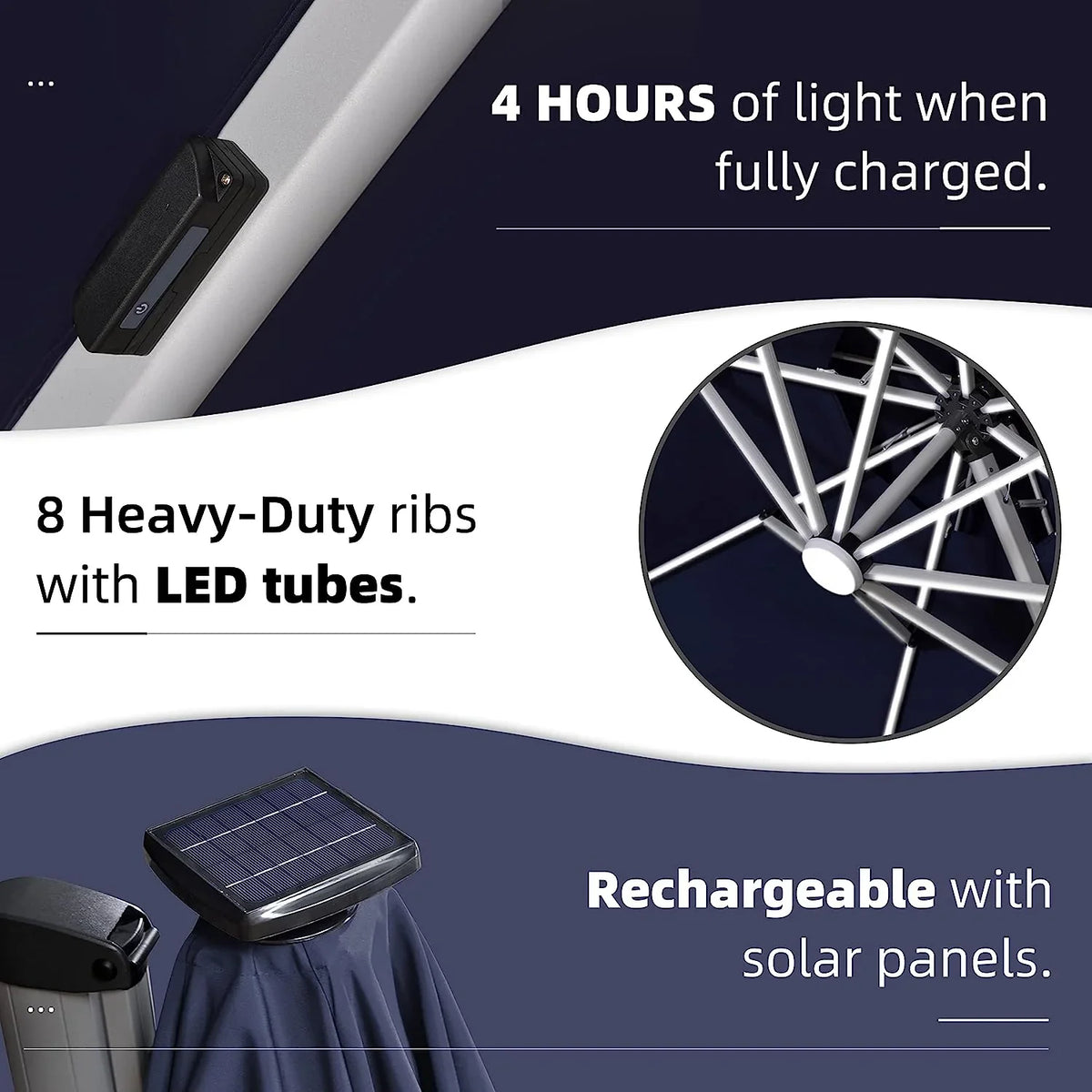 12ft Solar LED Patio Umbrella Outdoor Round Umbrella Large Cantilever Umbrella with LED Lights Windproof Bias Umbrella Heavy 