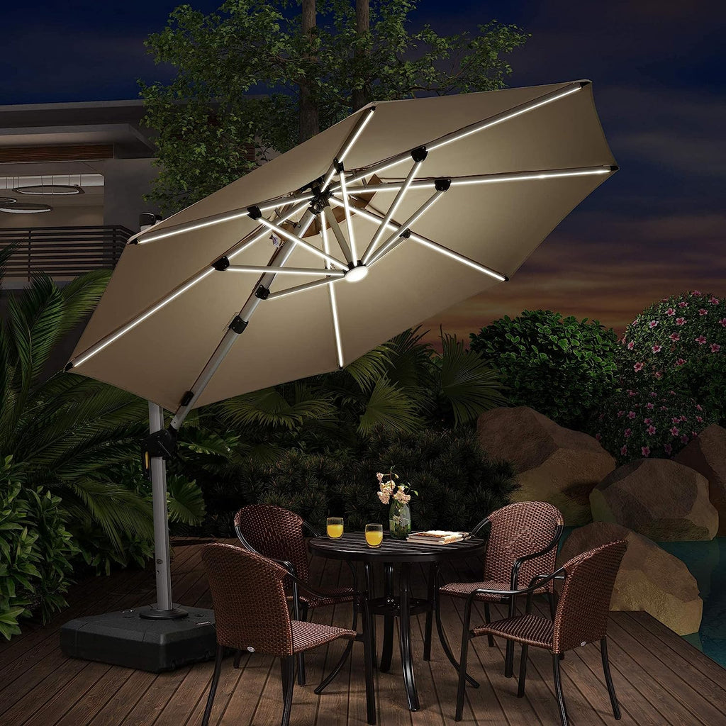 12ft Solar LED Patio Umbrella Outdoor Round Umbrella Large Cantilever Umbrella with LED Lights Windproof Bias Umbrella Heavy 
