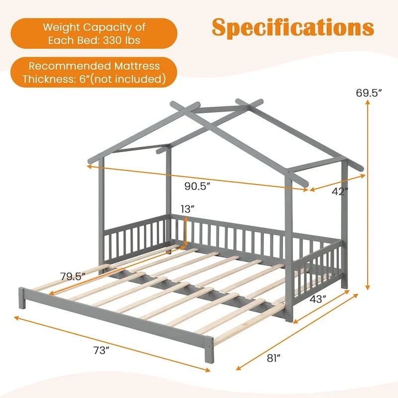 Gymax Twin to King Wooden House Bed Daybed with Safety Rails & Customizable Design - image 26