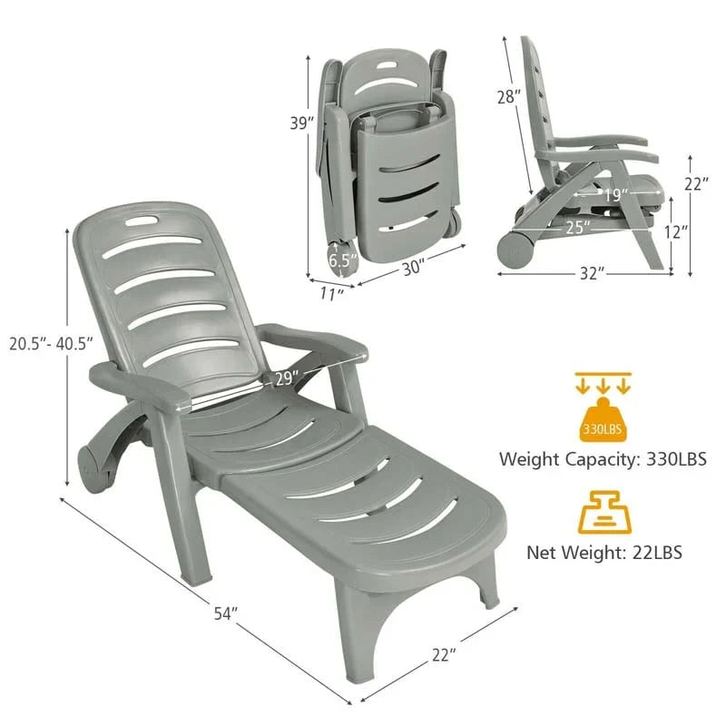 Rolling Folding Plastic Pool Lounge Chair With Armrests 5 Position Outdoor Sun Lounger Patio Deck Chair Beach Chair - Comfort