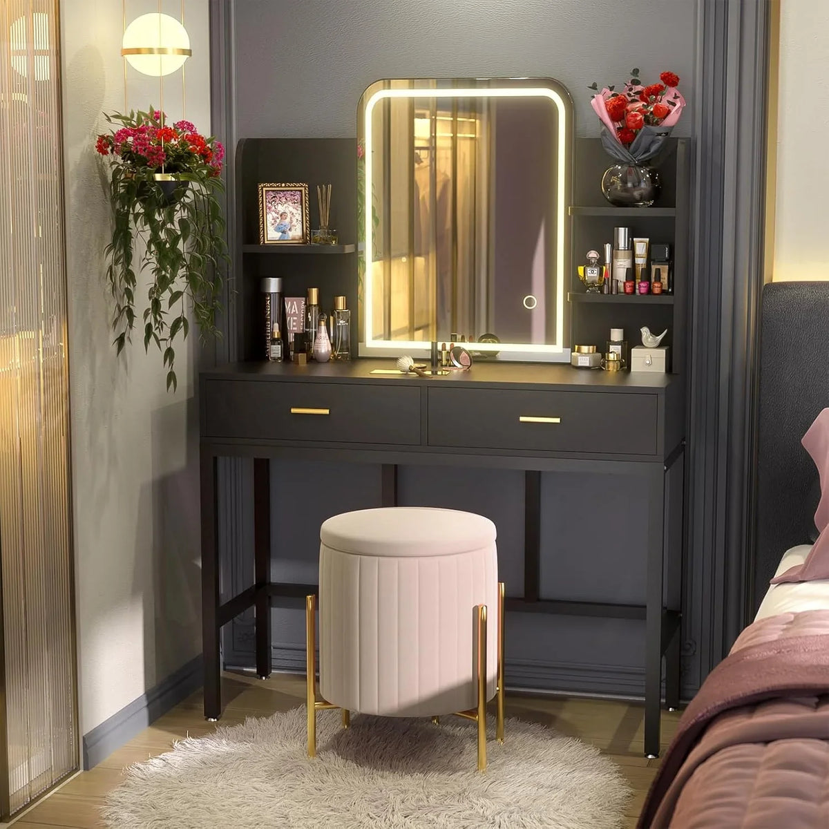 Makeup Vanity Desk with Mirrors, Vanity Set with 2 Storage Drawers and Open Shelves, 3 Colors LED Brightness Adjustable Dress