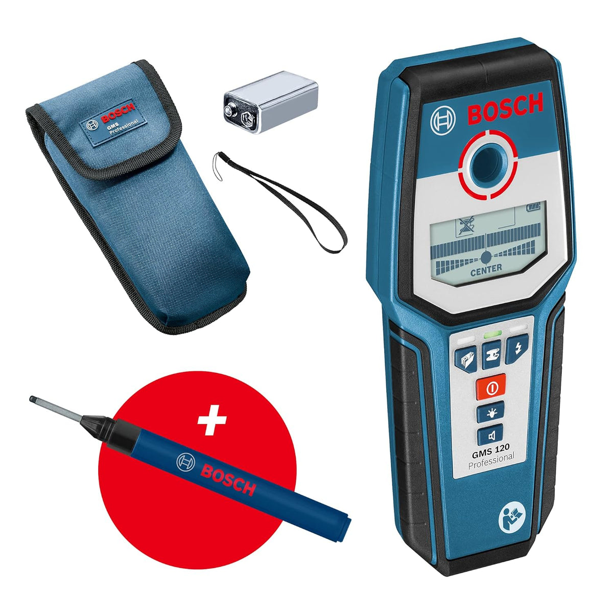 Bosch Professional Stud Finder GMS 120 (Drill hole marker, max. detection depth wood/magnetic metal/non-magnetic metal/live cable: 38/120/80/50 mm, in cardboard box) - Amazon Exclusive Set - image 1