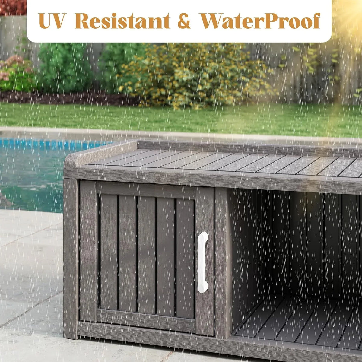 KAMABOKO Outdoor Shoe Storage Cabinet, Waterproof UV-Resistant Entryway Storage Bench Indoor Outdoor with 2 Barn Doors, Adjus