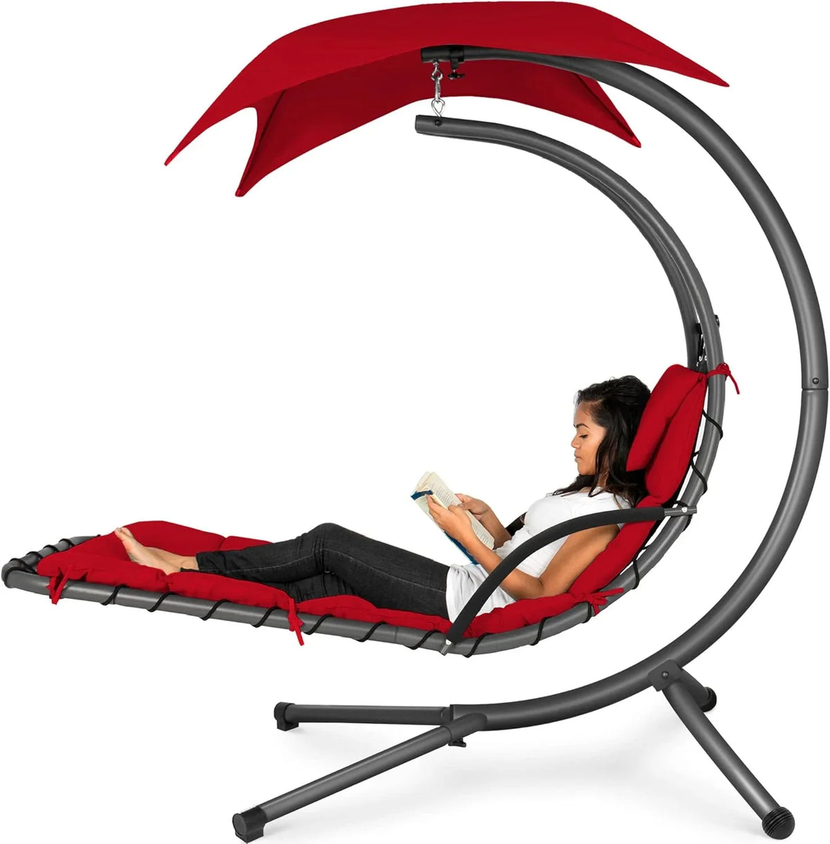 Best Choice Products Outdoor Hanging Curved Steel Chaise Lounge Chair Swing w/Built-in Pillow and Removable Canopy - Charcoal