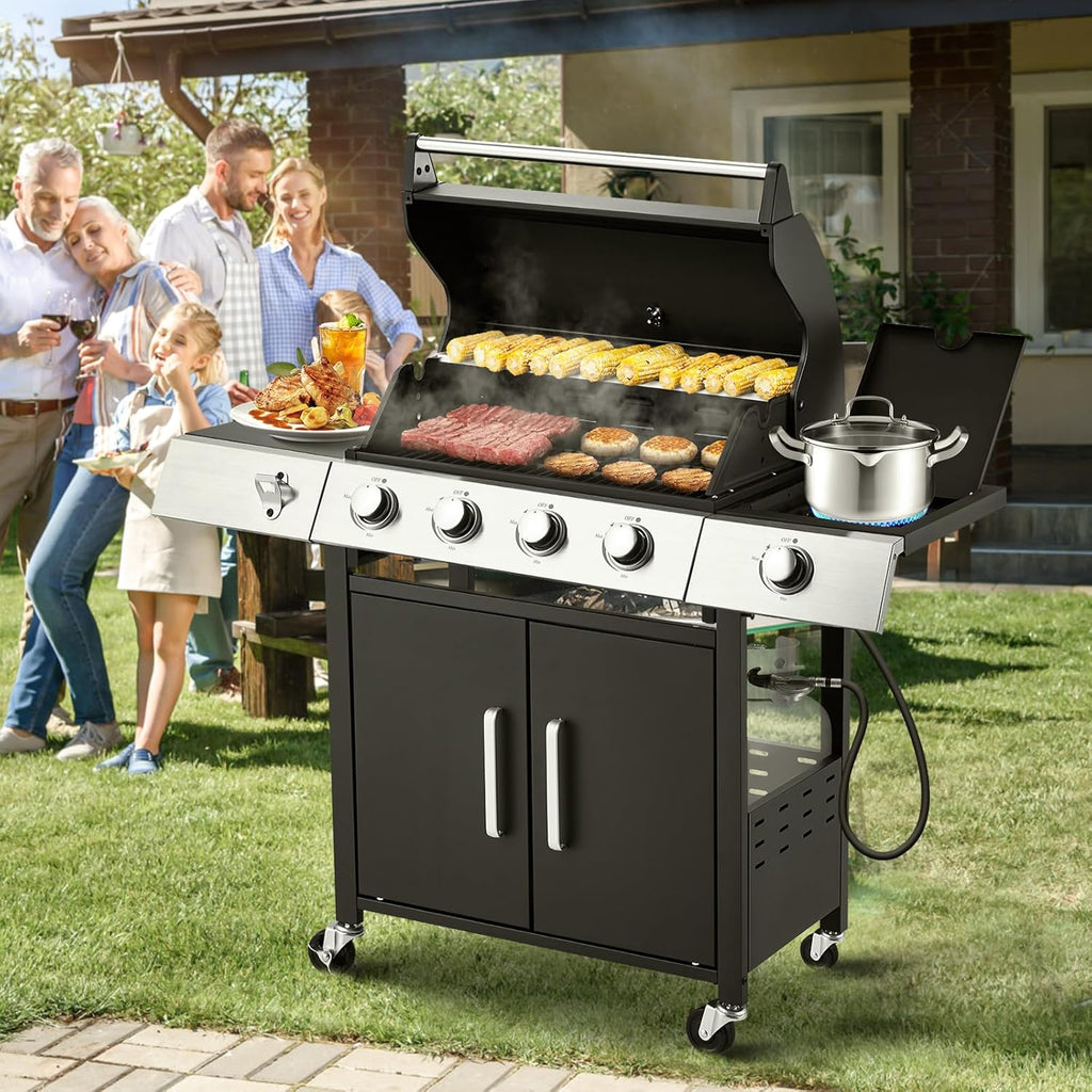 Upgraded 4 Burner BBQ Propane Gas Grill with Cast Iron Grates & Side Stove, 44,000 BTU Stainless Steel Burner Barbecue Grill 
