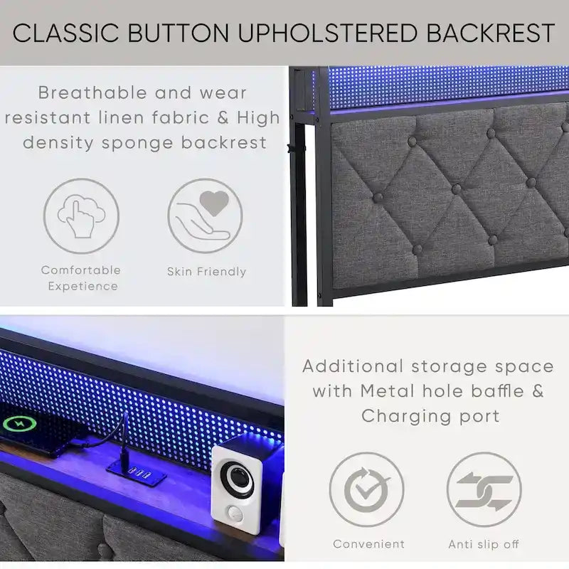 Upholstered Queen Bed Frame with Built-in Charging Station and LED Lights - Sturdy Platform Design with Heavy Metal Slats, No Box Spring Required - image 8