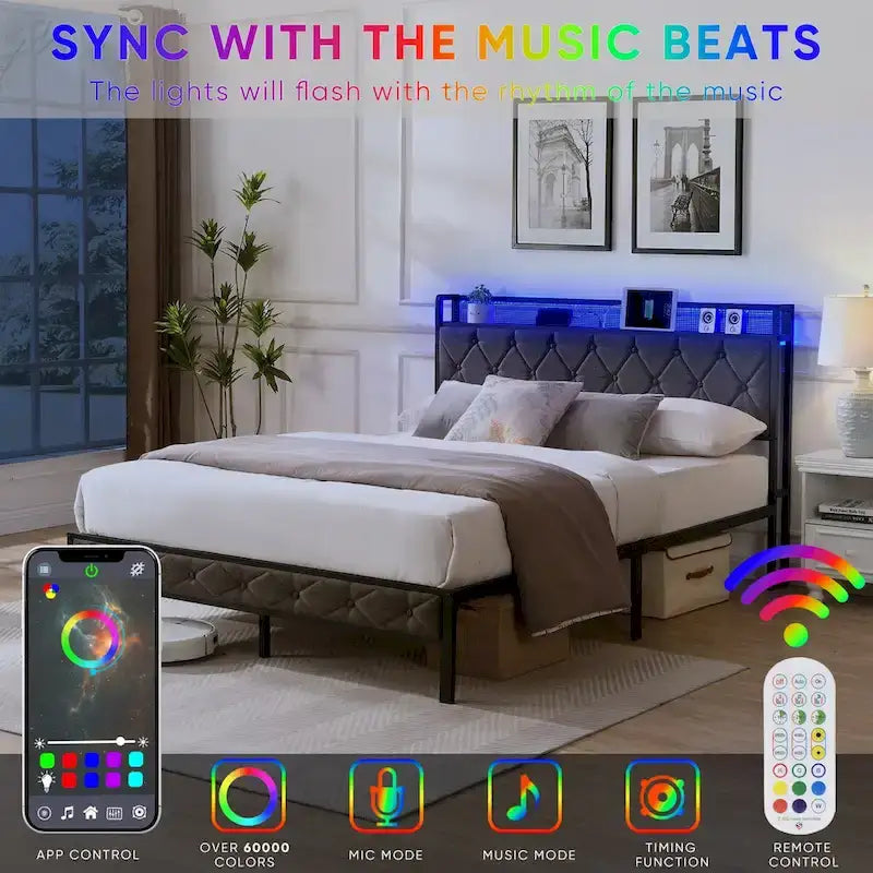 Upholstered Queen Bed Frame with Built-in Charging Station and LED Lights - Sturdy Platform Design with Heavy Metal Slats, No Box Spring Required - image 5