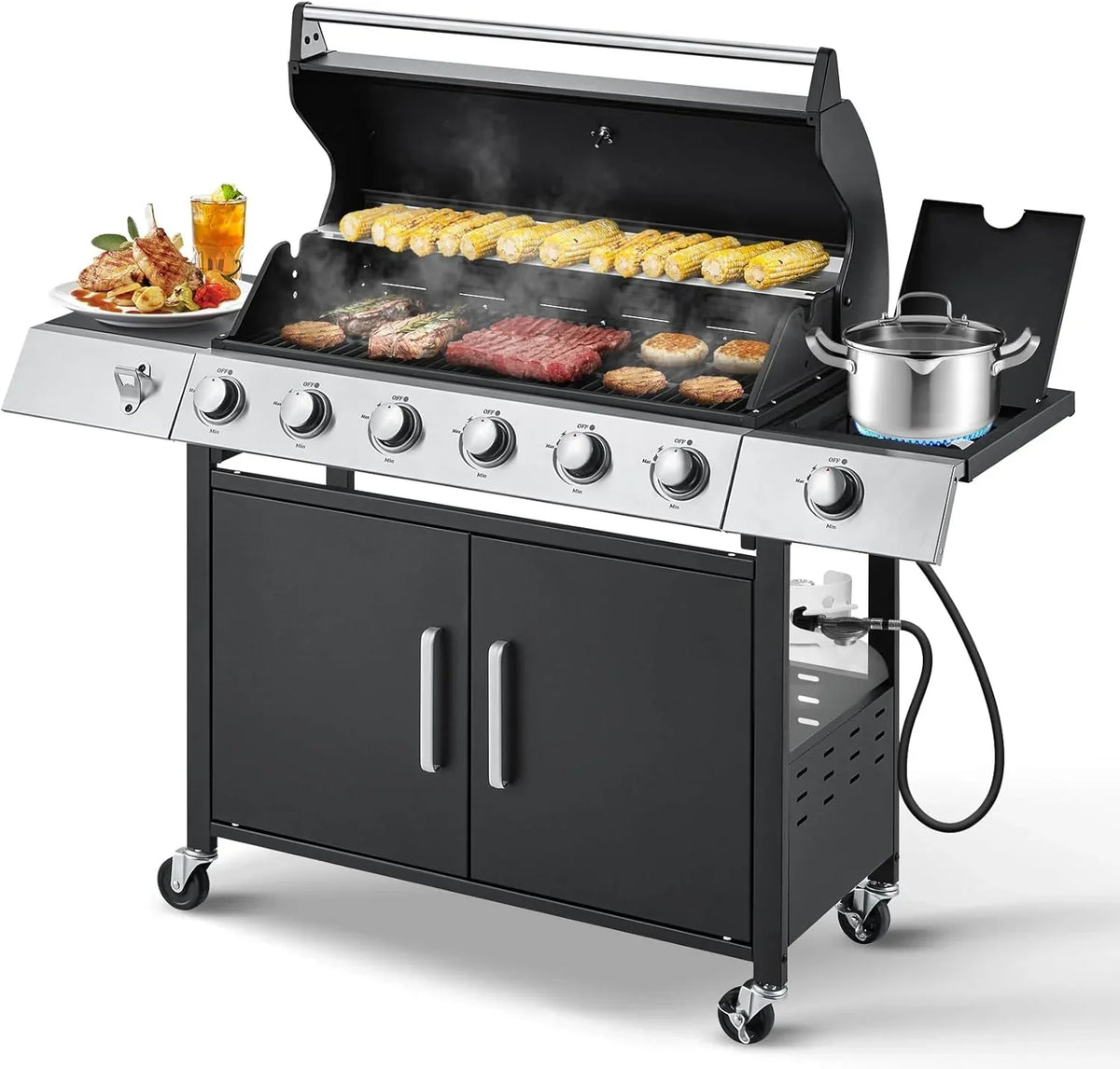 Upgraded 4 Burner BBQ Propane Gas Grill with Cast Iron Grates & Side Stove, 44,000 BTU Stainless Steel Burner Barbecue Grill 