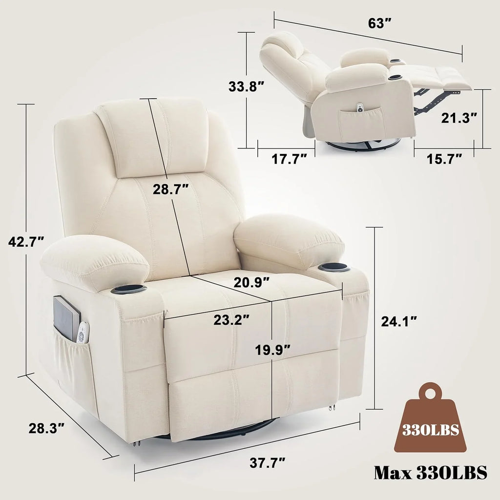 Oversized Swivel Rocker Recliner Chair with Heat and Massage, 360 Degree Swivel Rocking Single Sofa with Cup Holders and USB Port, Large Big Recliner Chair for Living Room (Leather, Brown) - image 14