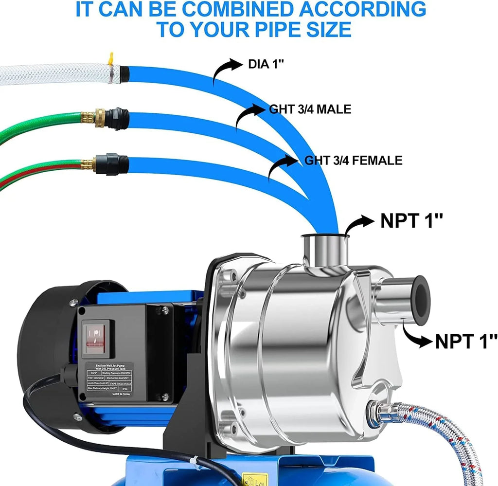 1.6HP Shallow Well Pump with Pressure Tank 1268 GPH Stainless Steel Jet Pump Transfer Drainage Booster Pump Garden Sprinkler 