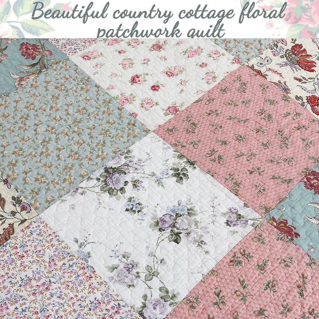 Cozy Line Home Floral Patchwork Cotton Reversible Queen Quilt Set, Blue, 3-Piece - image 5