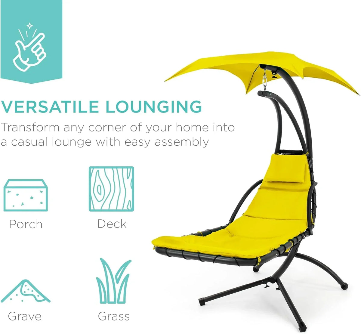 Best Choice Products Outdoor Hanging Curved Steel Chaise Lounge Chair Swing w/Built-in Pillow and Removable Canopy - Charcoal