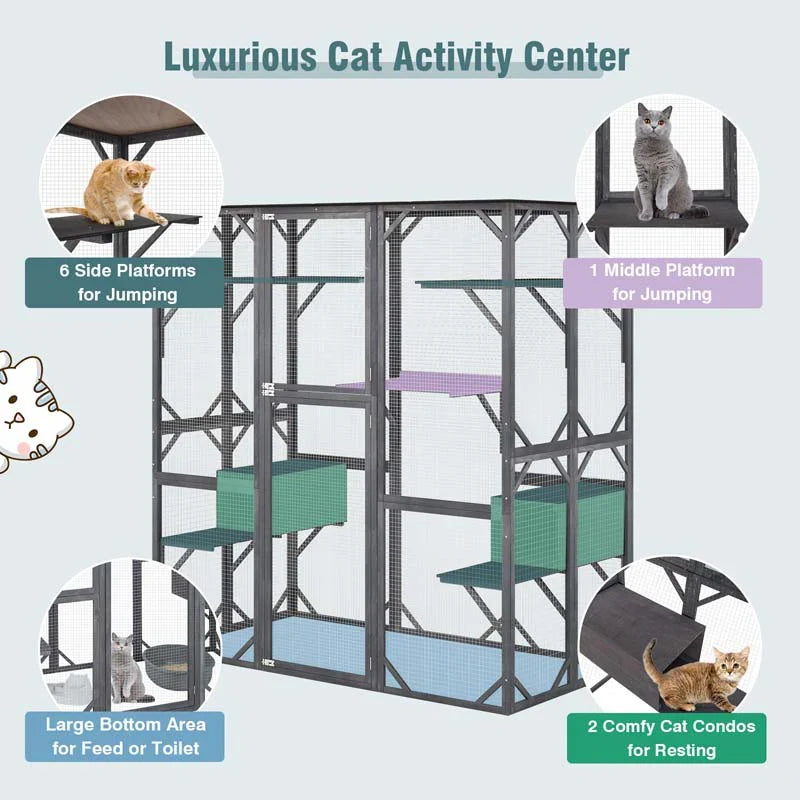 71" Tall Large Cat House Outdoor Catio Kitty Enclosure, Walk-in Cat Kennel Condo, Wooden Cat Cage Playpen with 7 Platforms - image 13