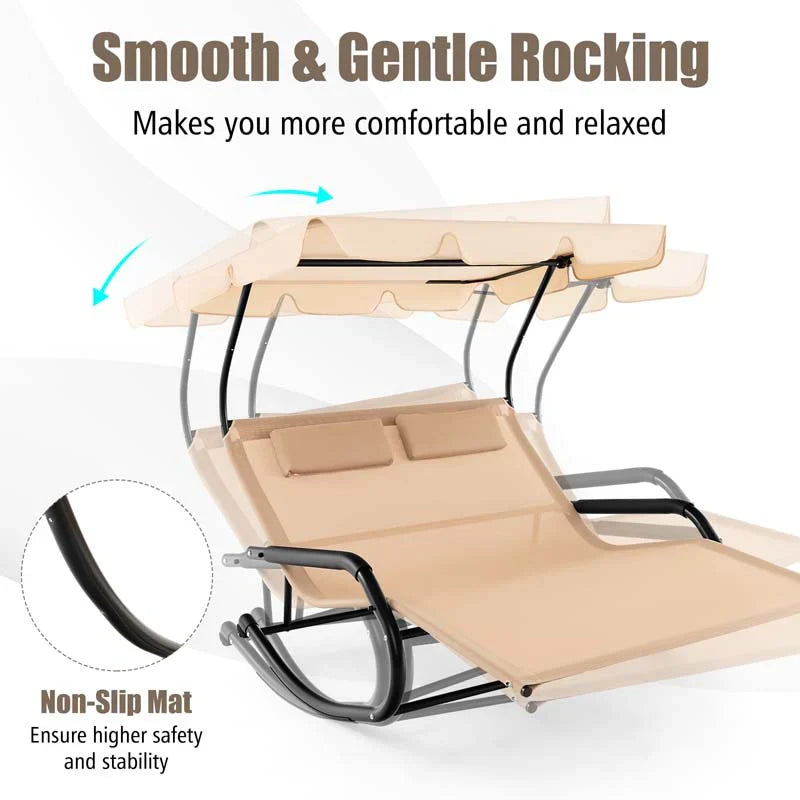 2 Person Patio Hammock Bed Swing Chair Extra Large Outdoor Rocking Chaise Lounge With Adjustable Canopy And Wheels - Comforta