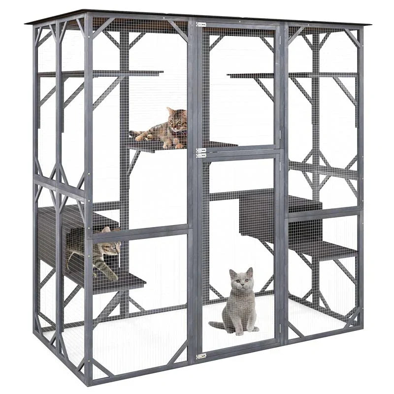 71" Tall Large Cat House Outdoor Catio Kitty Enclosure, Walk-in Cat Kennel Condo, Wooden Cat Cage Playpen with 7 Platforms - image 4