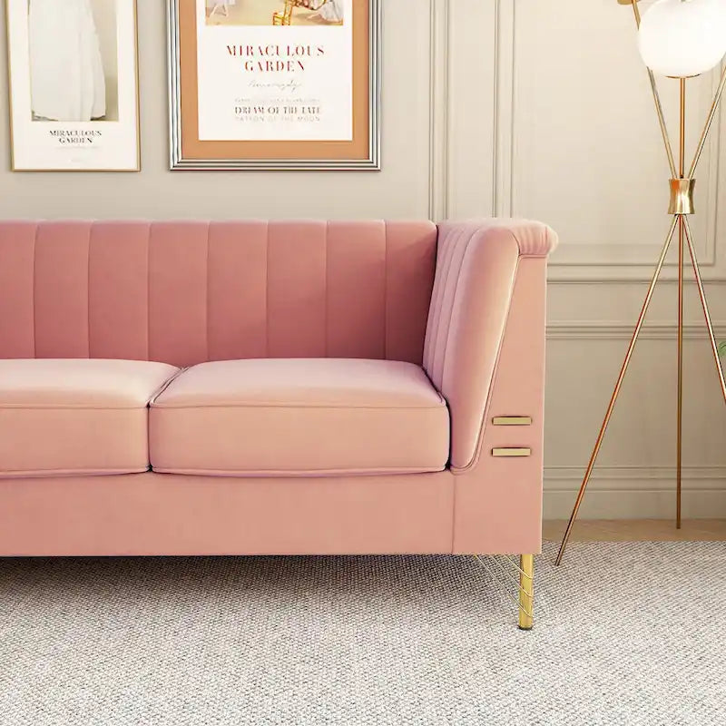 Contemporary Velvet Upholstered 3-Seat Sofa with Golden Metal Legs - Pink Living Room Couch (83.46" x 30.51" x 31.9") - image 4