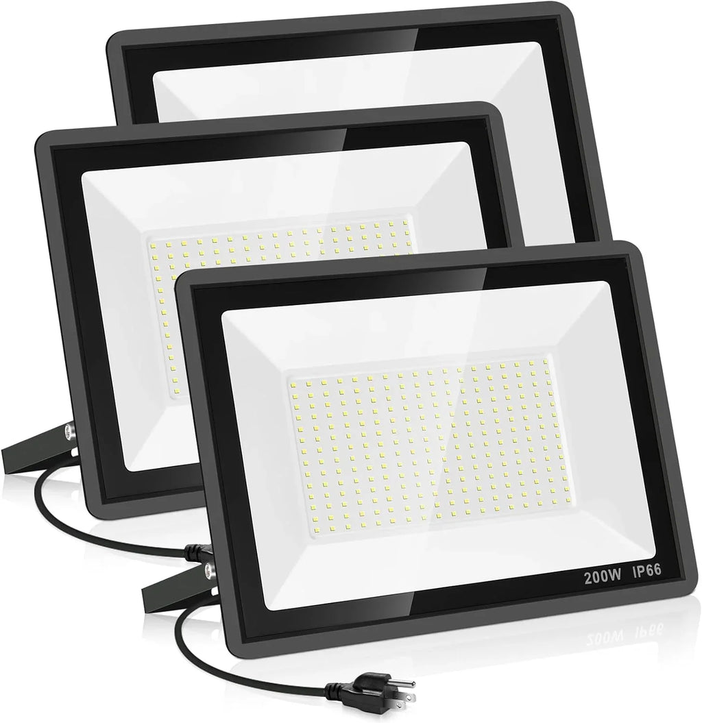 3 Pack 200W LED Flood Light,Super Bright Exterior Security Lights With Plug,IP66 Waterproof Outdoor Flood Light, 22800lm 5000