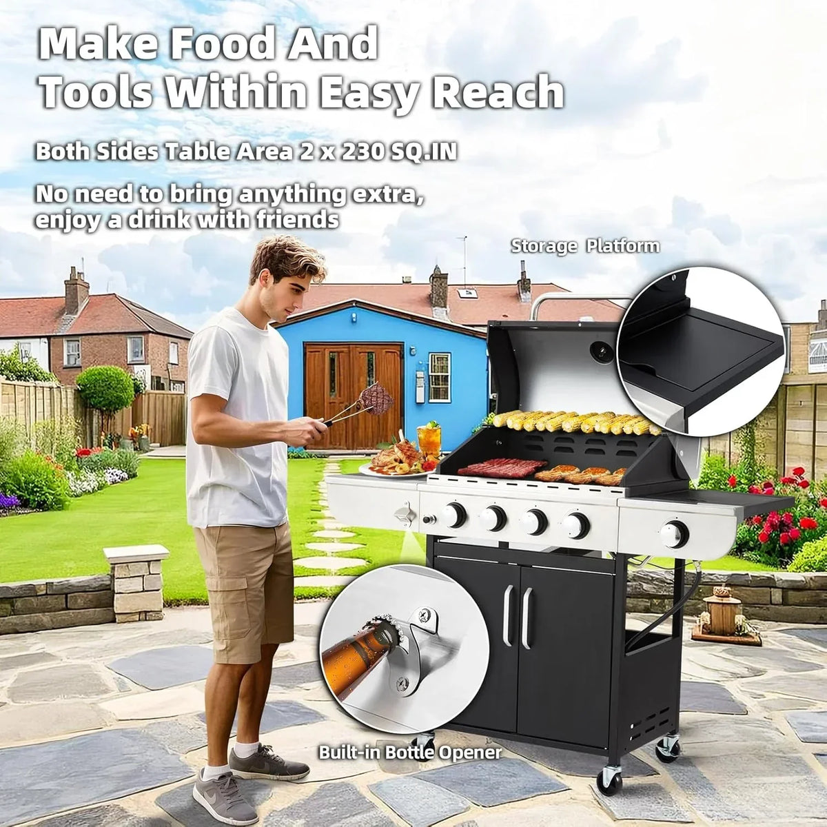 Upgraded 4 Burner BBQ Propane Gas Grill with Cast Iron Grates & Side Stove, 44,000 BTU Stainless Steel Burner Barbecue Grill 