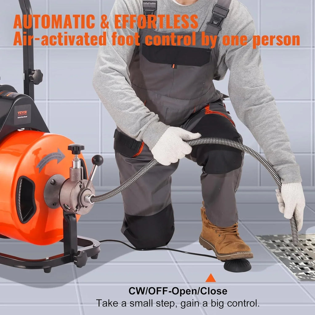 Drain Cleaner Machine 100FT x 1/2Inch, Auto Feed Sewer Snake Auger with 4 Cutter & Air-activated Foot Switch for 1" to 4" Pip