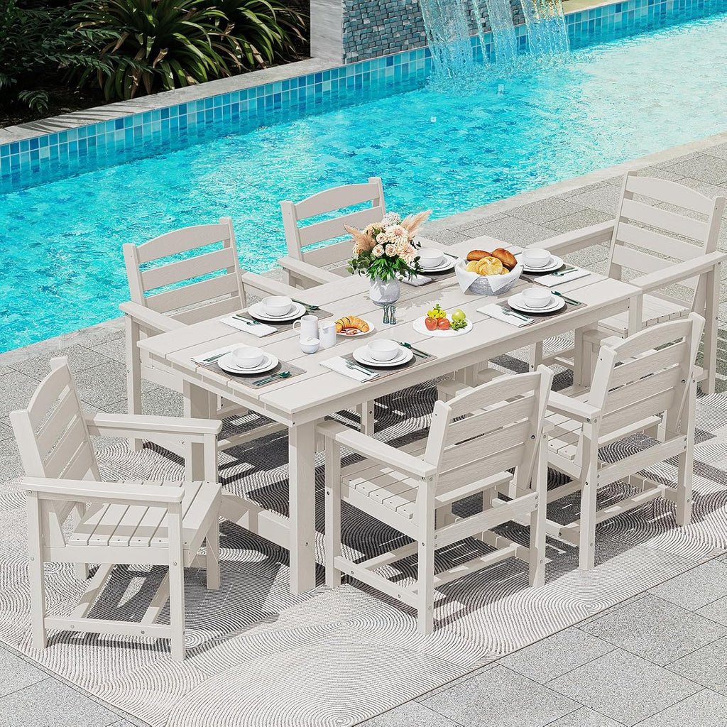 SERWALL 7-Piece Patio Table Set, Outdoor HDPE Dining Furniture with Umbrella Hole, All Weather Table and Chairs for Lawn, Garden, Poolside, Aruba - image 99
