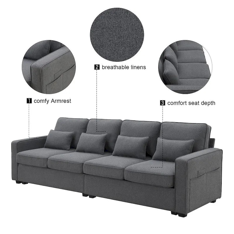 104-Inch Modern Linen Fabric Sofa for 4 with Armrest Pockets and 4 Cushions - image 3