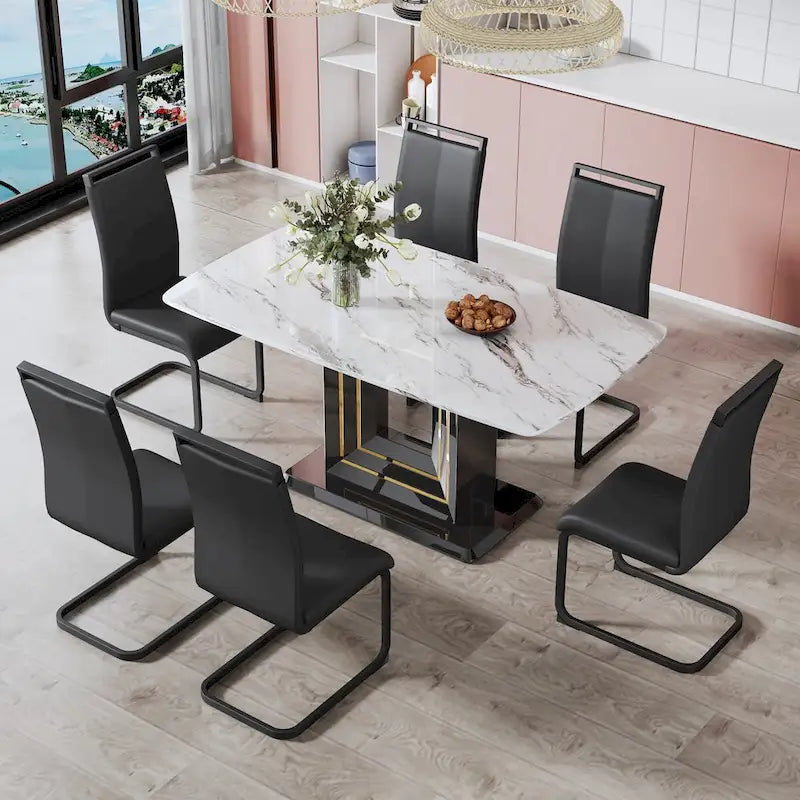 Elegant Dining Table with White Imitation Marble Top, Black MDF Legs Featuring Gold Accents, and a Stylish Black Base - image 9