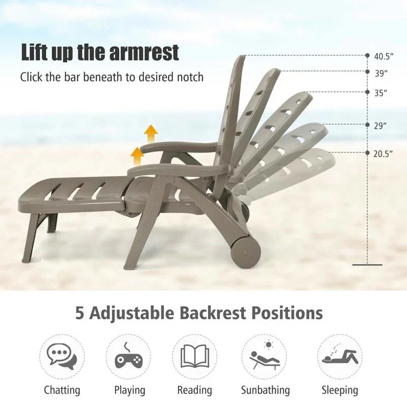 Rolling Folding Plastic Pool Lounge Chair With Armrests 5 Position Outdoor Sun Lounger Patio Deck Chair Beach Chair - Comfort