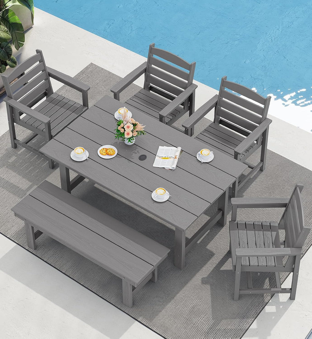 SERWALL 7-Piece Patio Table Set, Outdoor HDPE Dining Furniture with Umbrella Hole, All Weather Table and Chairs for Lawn, Garden, Poolside, Aruba - image 46