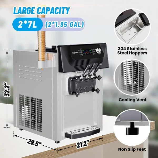 2200W Commercial Ice Cream Machine, 3 Flavor Soft Serve Ice Cream Machine, 5.3-7.4 Gal/Hr, with LCD Touch Screen, Automatic C