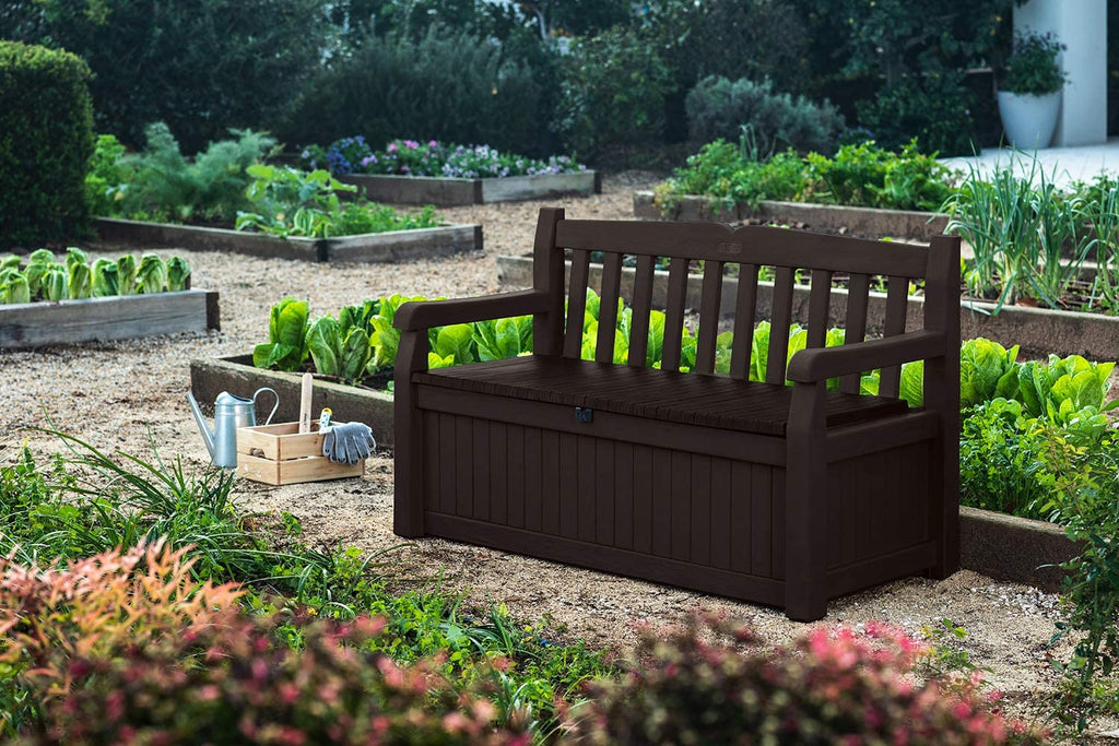Keter Solana 70 Gallon Storage Bench Deck Box for Patio Furniture, Front Porch Decor and Outdoor Seating – Perfect to Store G