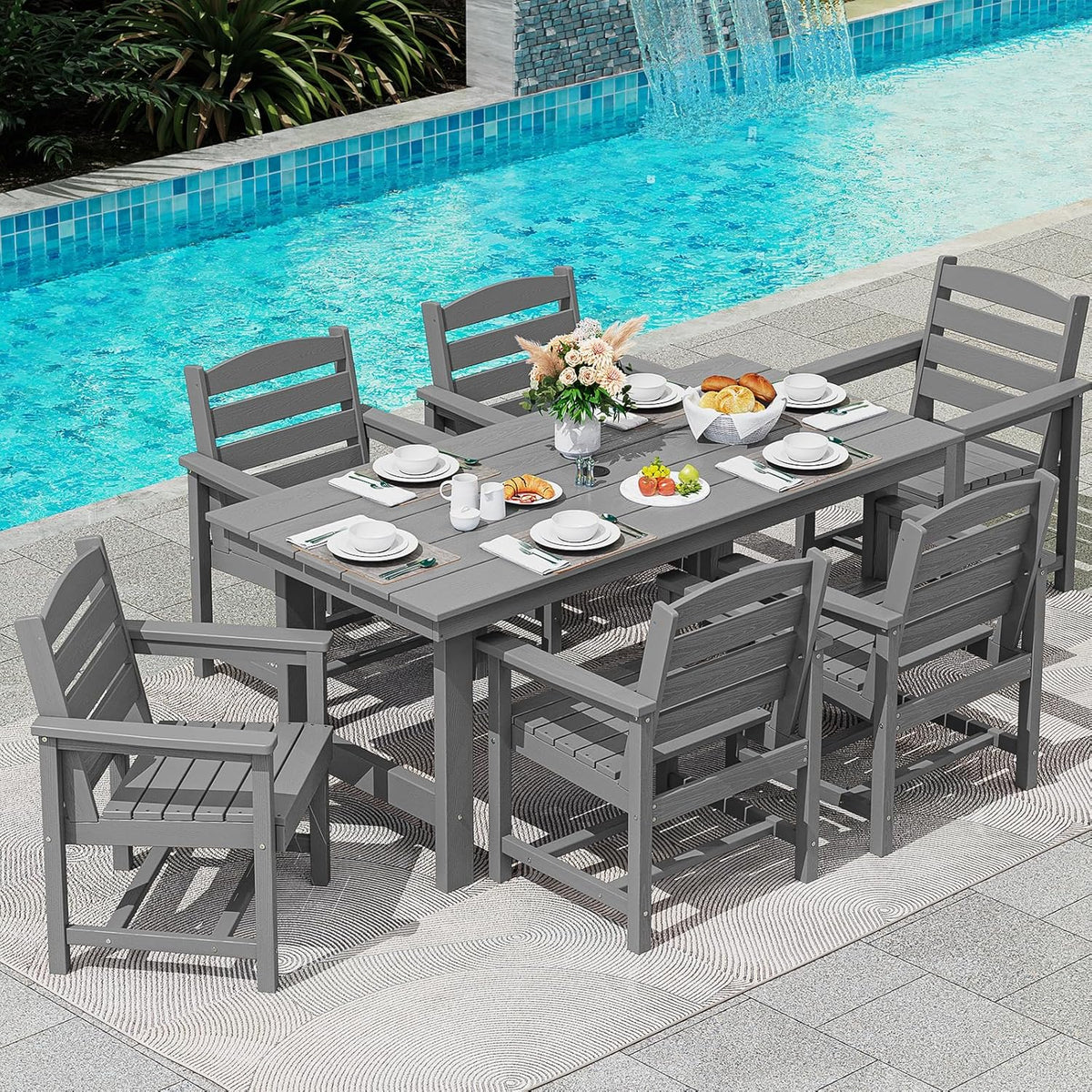 SERWALL 7-Piece Patio Table Set, Outdoor HDPE Dining Furniture with Umbrella Hole, All Weather Table and Chairs for Lawn, Garden, Poolside, Aruba - image 53