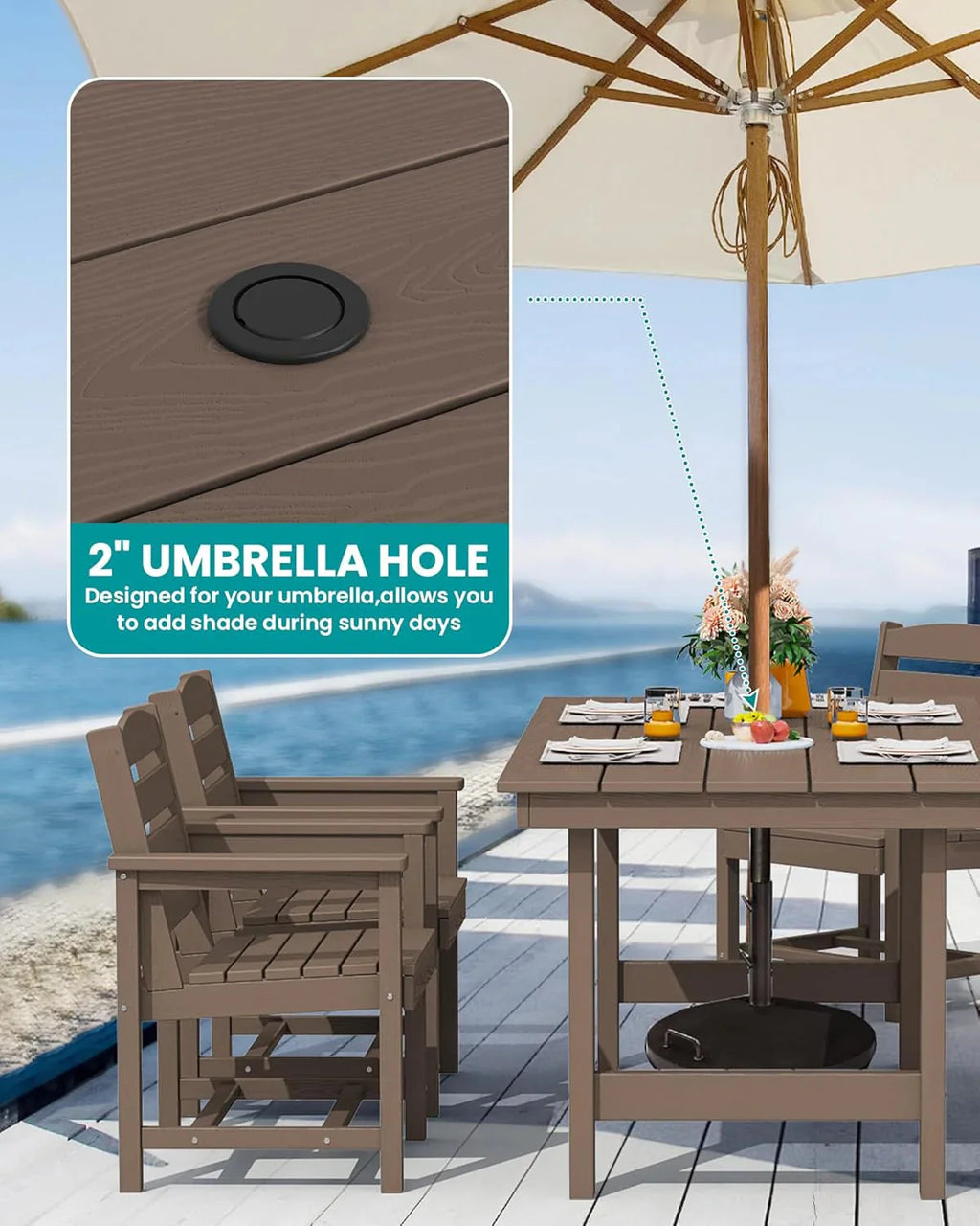 SERWALL 7-Piece Patio Table Set, Outdoor HDPE Dining Furniture with Umbrella Hole, All Weather Table and Chairs for Lawn, Garden, Poolside, Aruba - image 4