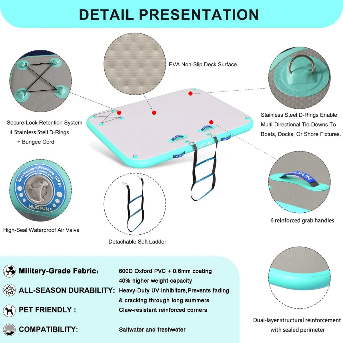 Inflatable floating dock platform - 6-inch thick military-grade polyvinyl chloride material, EVA anti-slip deck | Suitable fo