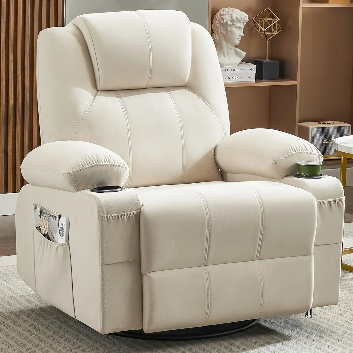 Oversized Swivel Rocker Recliner Chair with Heat and Massage, 360 Degree Swivel Rocking Single Sofa with Cup Holders and USB Port, Large Big Recliner Chair for Living Room (Leather, Brown) - image 4
