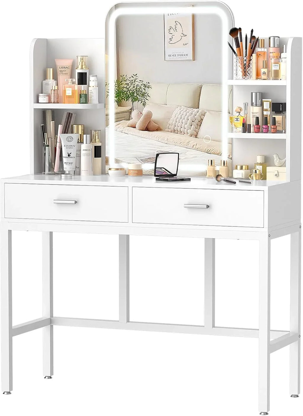 Makeup Vanity Desk with Mirrors, Vanity Set with 2 Storage Drawers and Open Shelves, 3 Colors LED Brightness Adjustable Dress