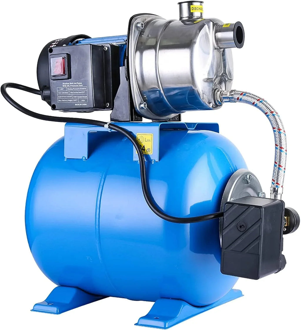 1.6HP Shallow Well Pump with Pressure Tank 1268 GPH Stainless Steel Jet Pump Transfer Drainage Booster Pump Garden Sprinkler 