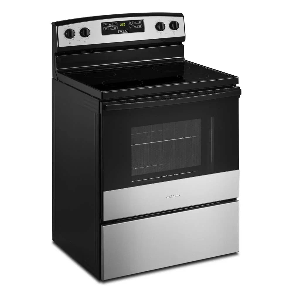Amana? Brand New Model - AER6303MMS 30-inch Electric Range with 4.8 Cu ft oven. - assembled product Depth: 27.5- - assembled product height: 46.08- - assembled product Width: 30- - image 9