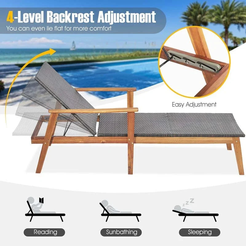 Acacia Wood Amp Rattan Patio Beach Outdoor Chaise Lounge Chairs Pool Sun Lounger Set With Folding Side Table - High Quality S