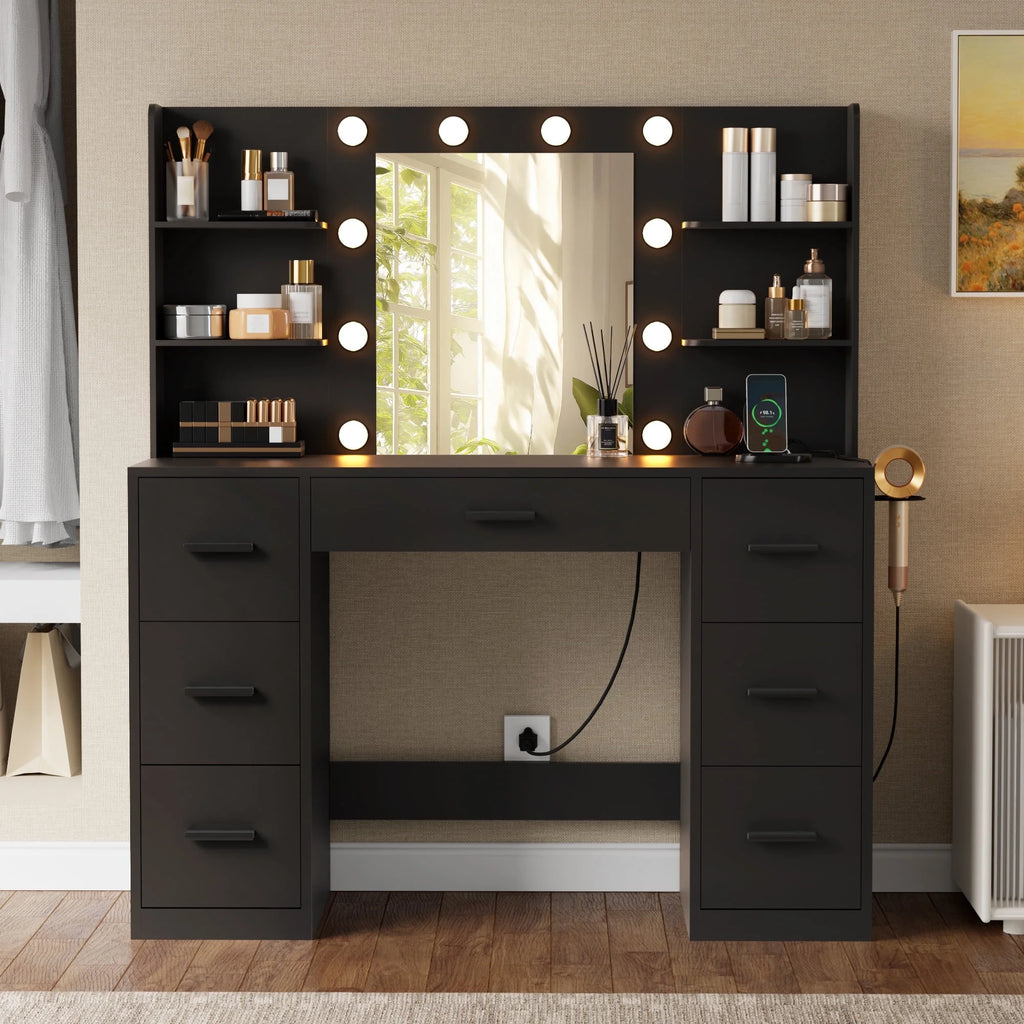 Lacoo Vanity Desk with Mirror and LED Lights, Makeup Vanity with 7 Drawers & 4 Shelves, Vanity Table with Power Outlet for Bedroom Dressing Room, White - image 13