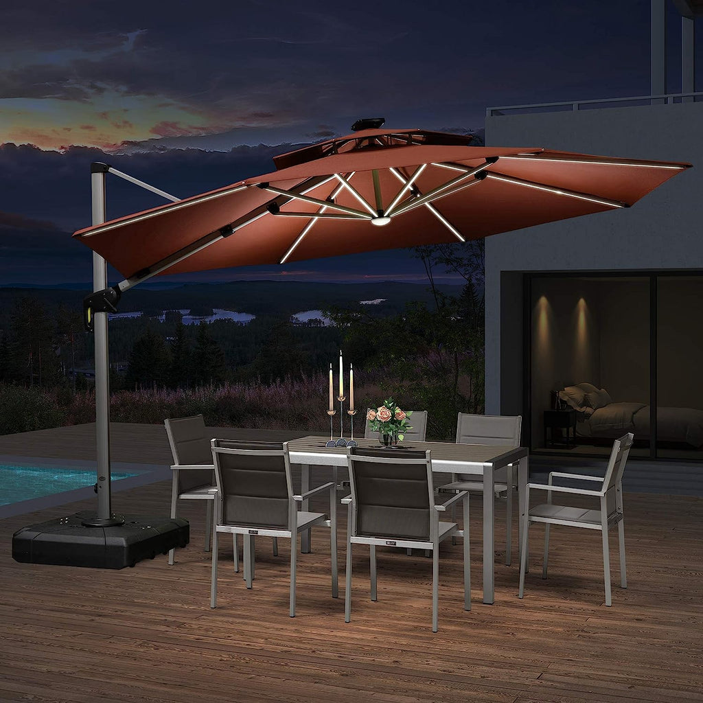 12ft Solar LED Patio Umbrella Outdoor Round Umbrella Large Cantilever Umbrella with LED Lights Windproof Bias Umbrella Heavy 