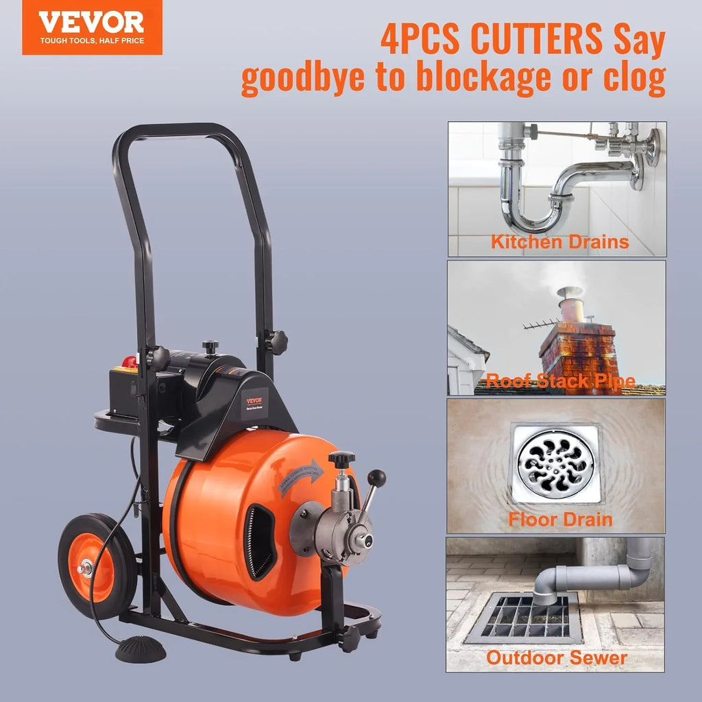 Drain Cleaner Machine 100FT x 1/2Inch, Auto Feed Sewer Snake Auger with 4 Cutter & Air-activated Foot Switch for 1" to 4" Pip