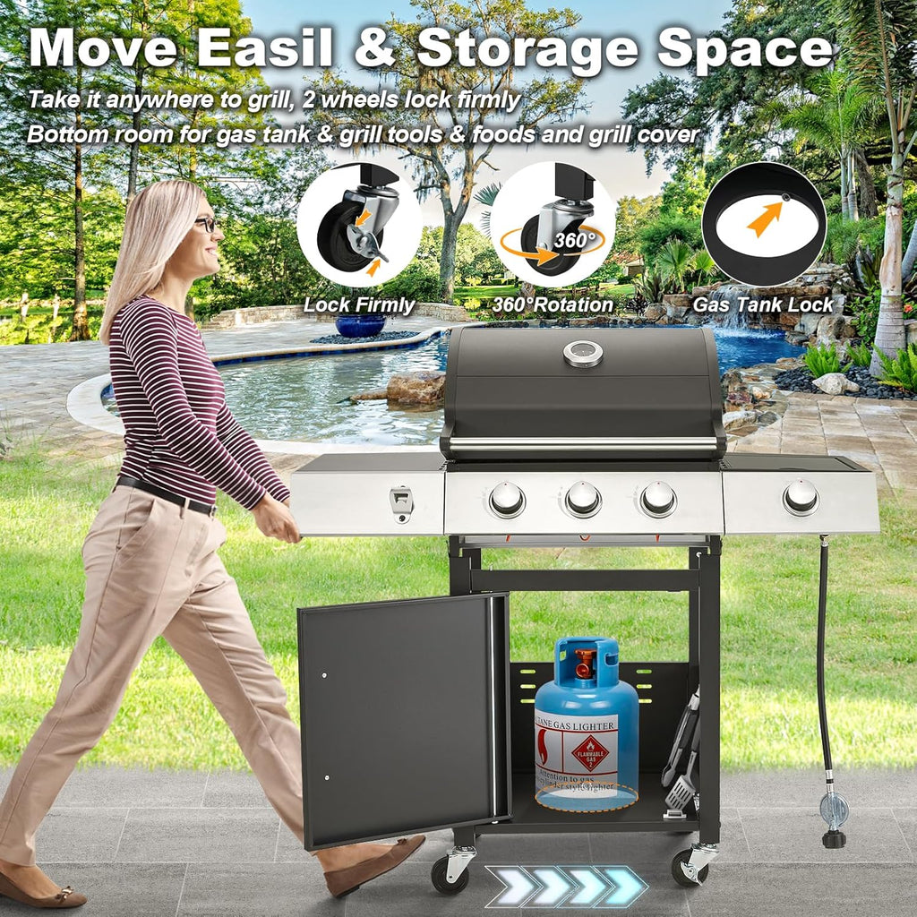 Upgraded 4 Burner BBQ Propane Gas Grill with Cast Iron Grates & Side Stove, 44,000 BTU Stainless Steel Burner Barbecue Grill 