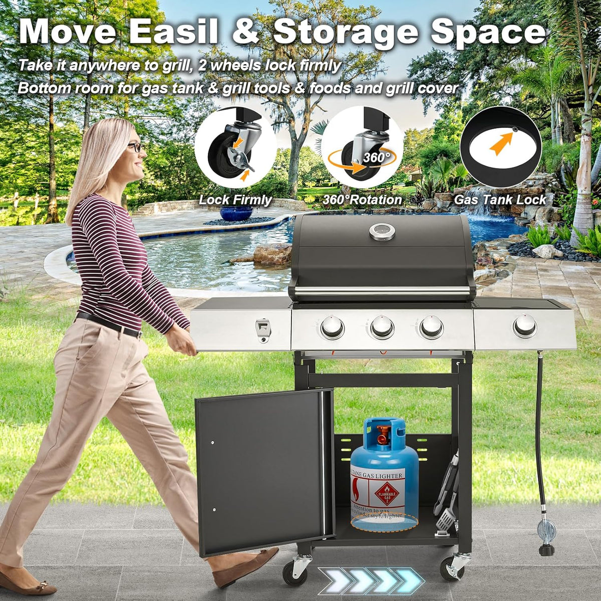 Upgraded 4 Burner BBQ Propane Gas Grill with Cast Iron Grates & Side Stove, 44,000 BTU Stainless Steel Burner Barbecue Grill 