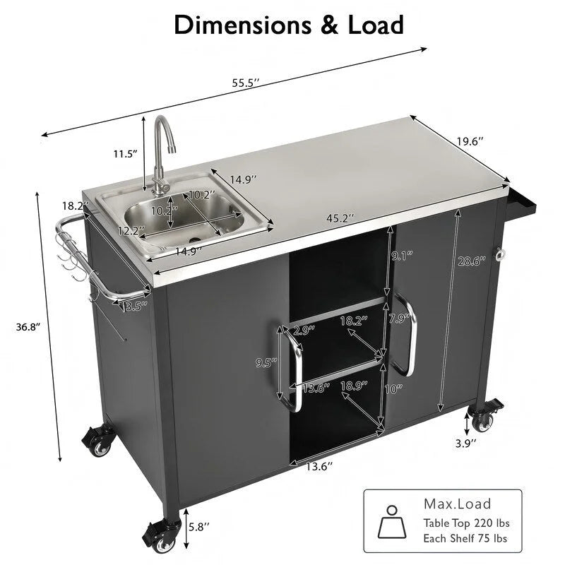 Outdoor Kitchen Island with Sink, Outdoor Bar Cart Sink Station with 4 Lockable Wheels - image 7