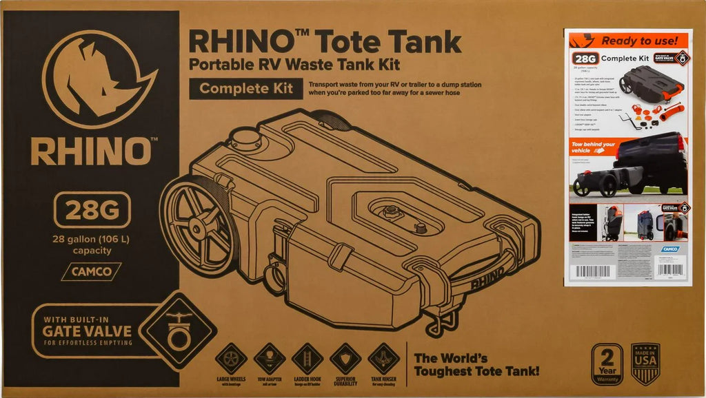 Camco Rhino Heavy Duty 28 Gallon Portable RV Waste Holding Tank with Hose and Accessories Durable Leak Free and Odorless RV T