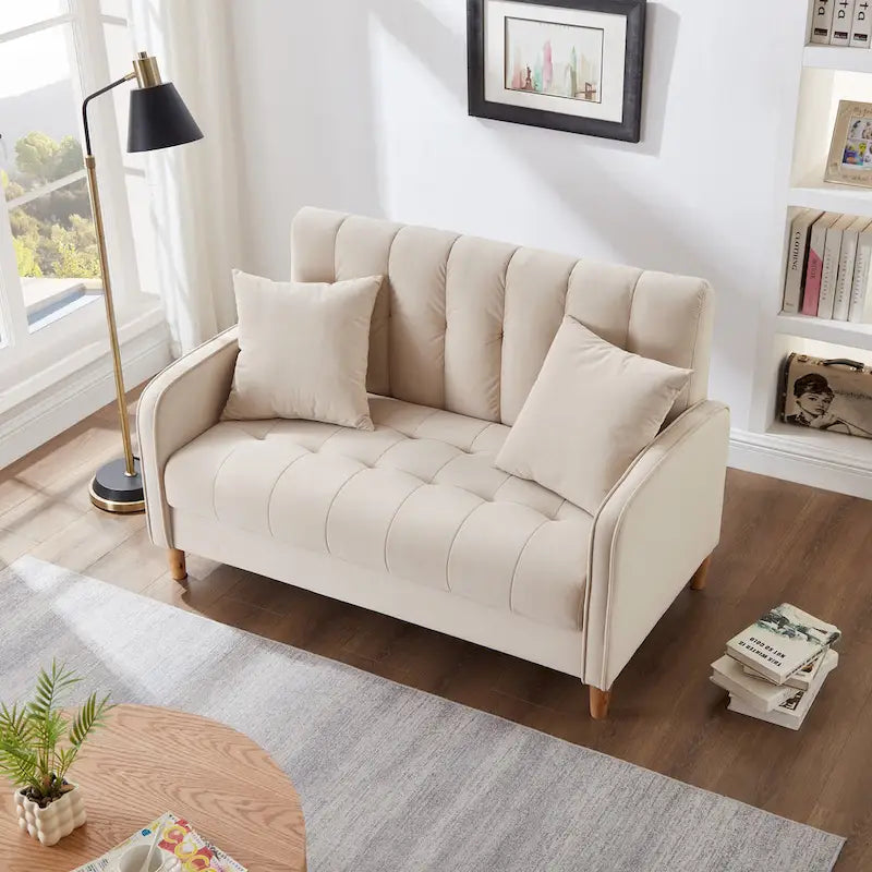 Contemporary Velvet Tufted Loveseat for Small Living Spaces - Beige Upholstered Sofa - image 10