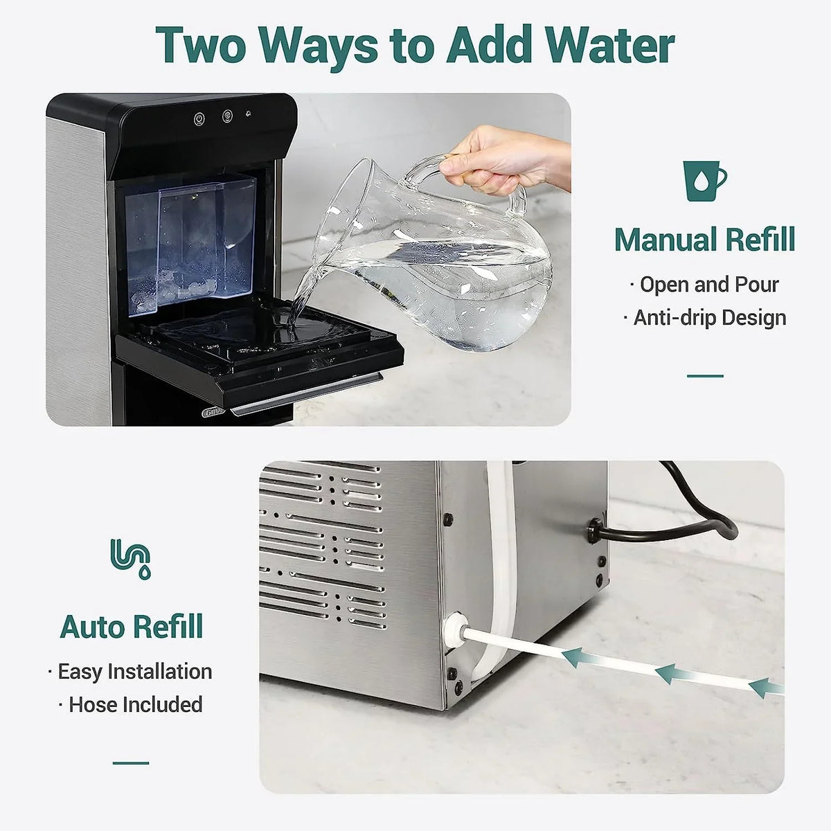 V2.0 Countertop Nugget Ice Maker | Self Cleaning Pellet Ice Maker | Open and Pour Refill | Stainless Steel Housing |