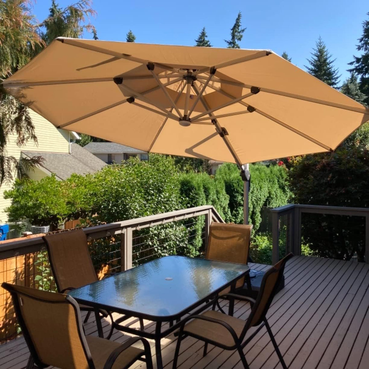12ft Solar LED Patio Umbrella Outdoor Round Umbrella Large Cantilever Umbrella with LED Lights Windproof Bias Umbrella Heavy 