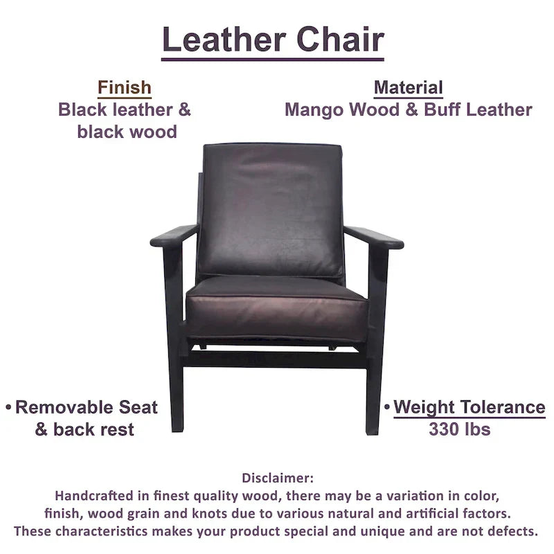 Handcrafted Amber Accent Chair with Slatted Mango Wood, Buffalo Leather Cushions, and Angled Legs - image 15